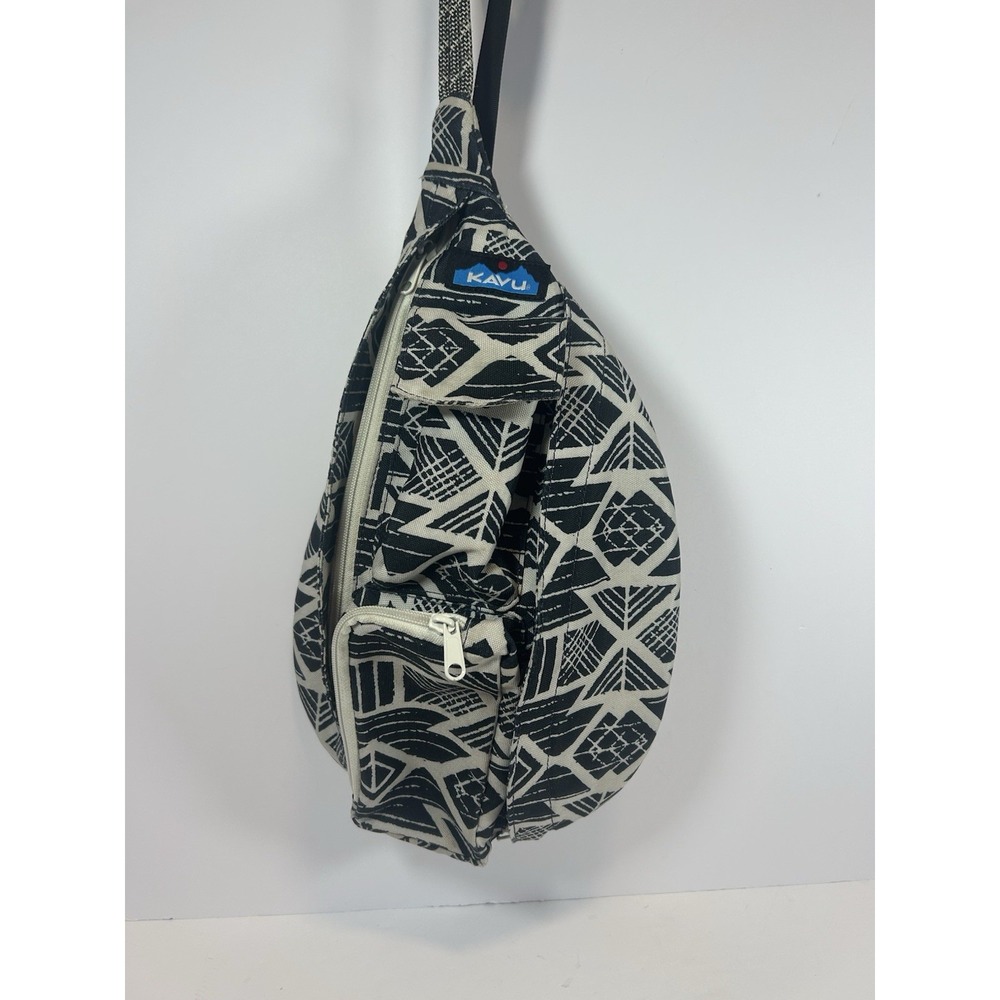 Kavu Rope Sling Black and Cream Bag Purse Geometric 3 Front Pockets
